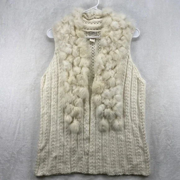 Avalin Sweater Vest Faux Fur Collar Wool Blend Sleeveless Knit Ivory M - Picture 1 of 7